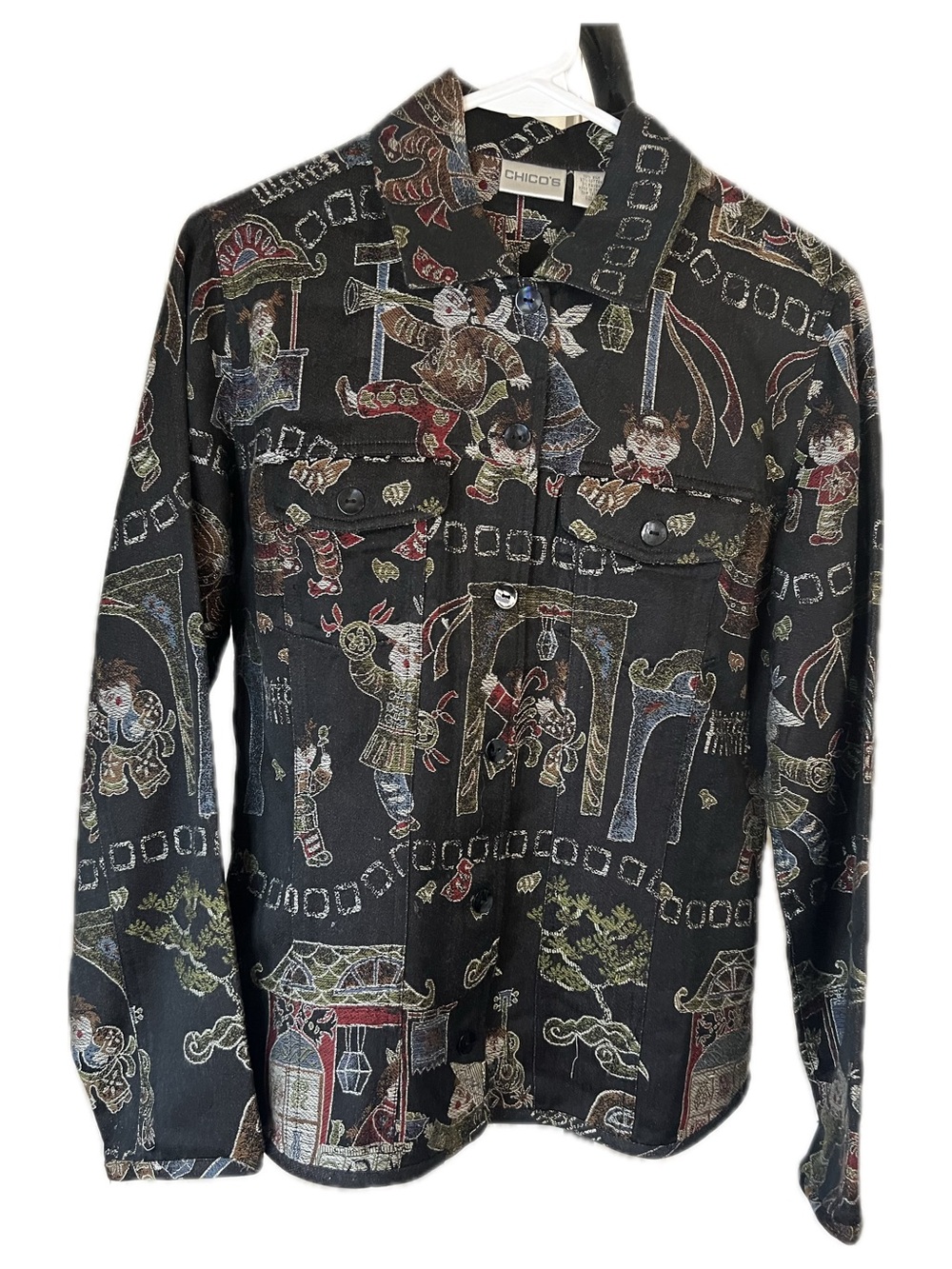 Chico's Silk Blk/multi embroidered Tapestry Shacket with Asian Figural Motif